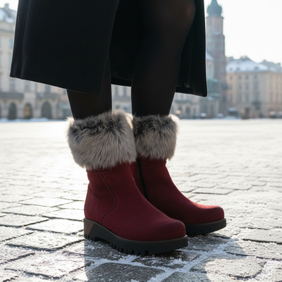 Skórzane botki damskie Pollonus bordo welur+królik 5-1001-006
