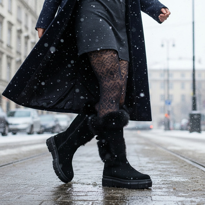 Welurowe kozaki damskie z królikiem Pollonus Czarne 5-1434-004