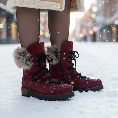 Skórzane botki damskie Pollonus bordo welur+królik 5-1000-006