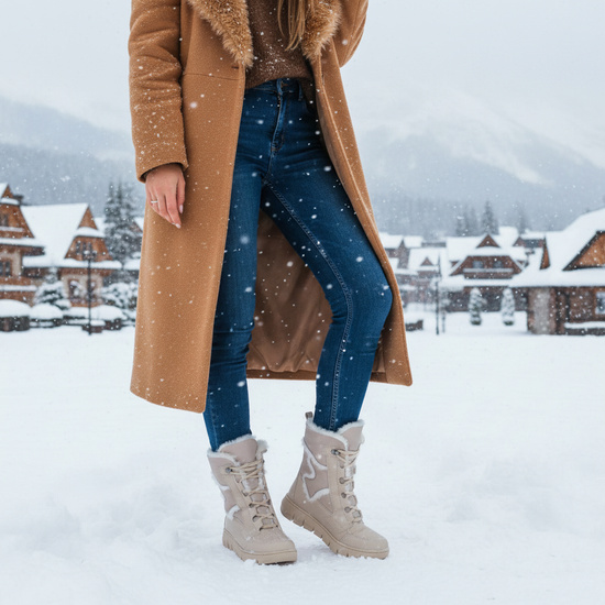 Śniegowce Damskie Beżowe baran naturalny Pollonus 5-1674-002