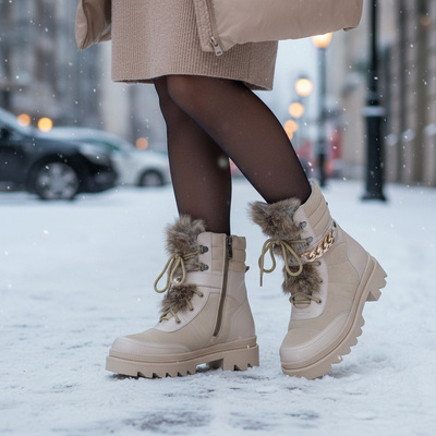 Skórzane trzewiki damskie Pollonus wanilia+królik 5-1451-003