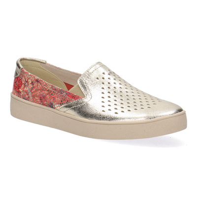 Skórzane półbuty damskie wsuwane Pollonus 5-1740-002 Złote+Motyw Kwiatowy