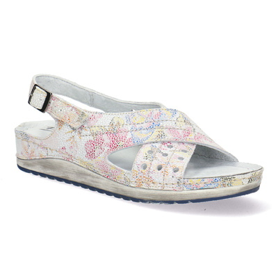 Skórzane sandały damskie Pollonus  białe z kwiatami 5-0974-043