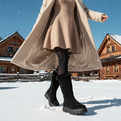 Skórzane  kozaki damskie Pollonus czarny welur 5-1433-001