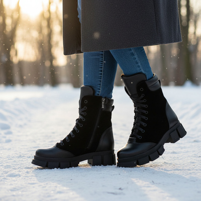 Ocieplane trzewiki damskie z suwakiem Pollonus czarny verona + welur 5-1581-007