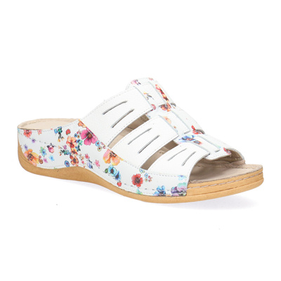 Pollonus 5-1101 Klapki Damskie Biały+Kwiaty