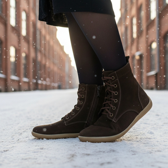 Skórzane trzewiki damskie Barefoot Pollonus 5-1795-003 Czekolada Welur