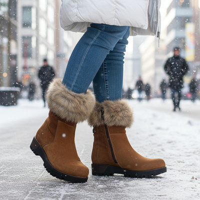 Skórzane botki damskie Pollonus rudy welur+królik 5-1001-021