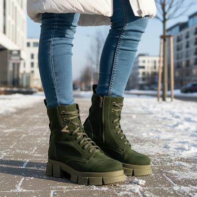 Skórzany trzewiki damskie Pollonus zielony welur 5-1583-004