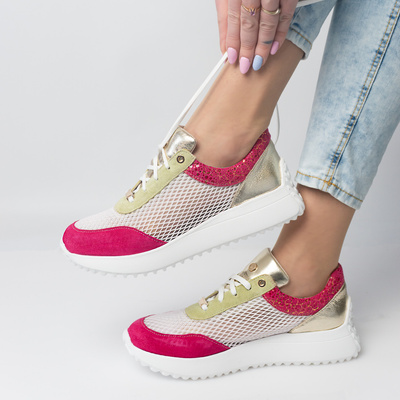 Skórzane Sneakersy Damskie Biały/Fuksja Pollonus 5-1733-002