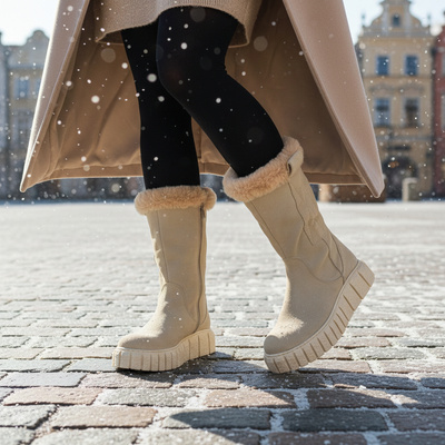 Skórzane kozaki damskie ocieplane Pollonus galaxy ecru 5-1570-001