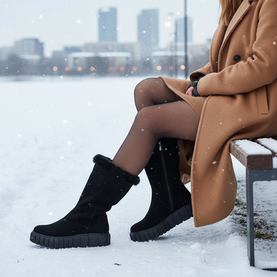 Kozaki damskie ocieplane Pollonus czarny welur 5-1570-008