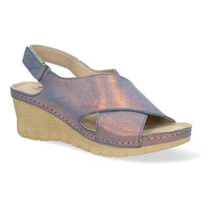 Skórzane sandały z połyskiem na koturnie Pollonus niebieski 5-0930-035 